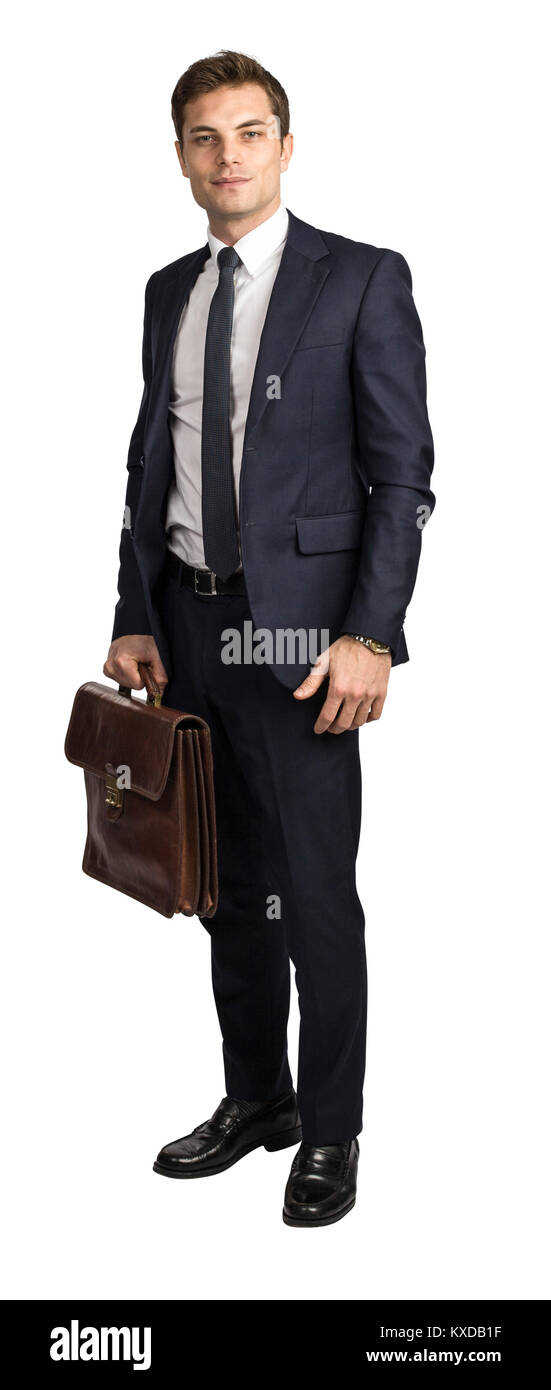 Junge kaukasier Geschäftsmann mit Tasche auf weißem Hintergrund Stockfoto