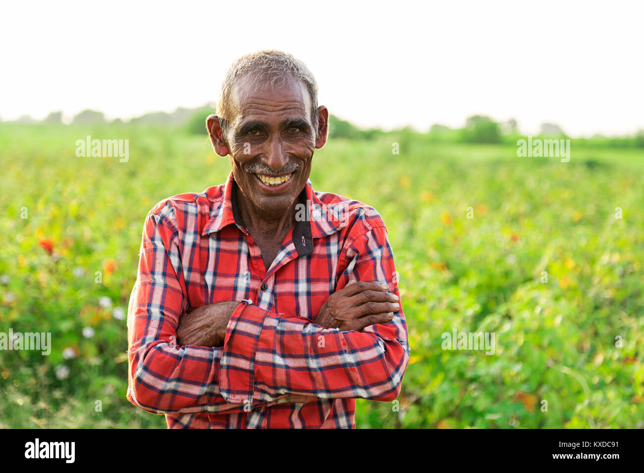 1 Indischen ländlichen Bauern alter Mann mit verschränkten Armen stehende Farm Stockfoto
