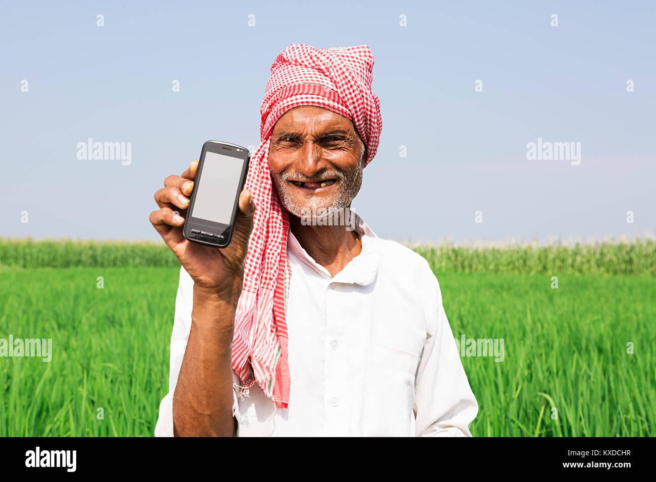 1 Indischen ländlichen Bauern älterer Mann zeigt Smart Phone Feld Stockfoto