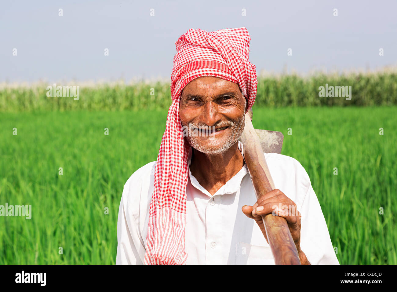 Indischen ländlichen Bauern älterer Mann stand halten Schaufel Arbeitsfeld Stockfoto
