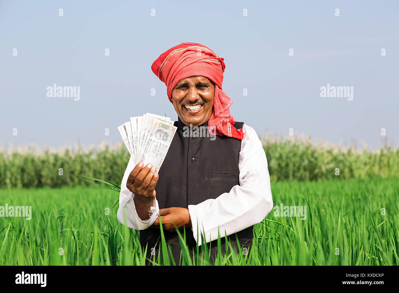 1 Ländliche Farmer Mann Feld mit indischen Banknoten Stockfoto
