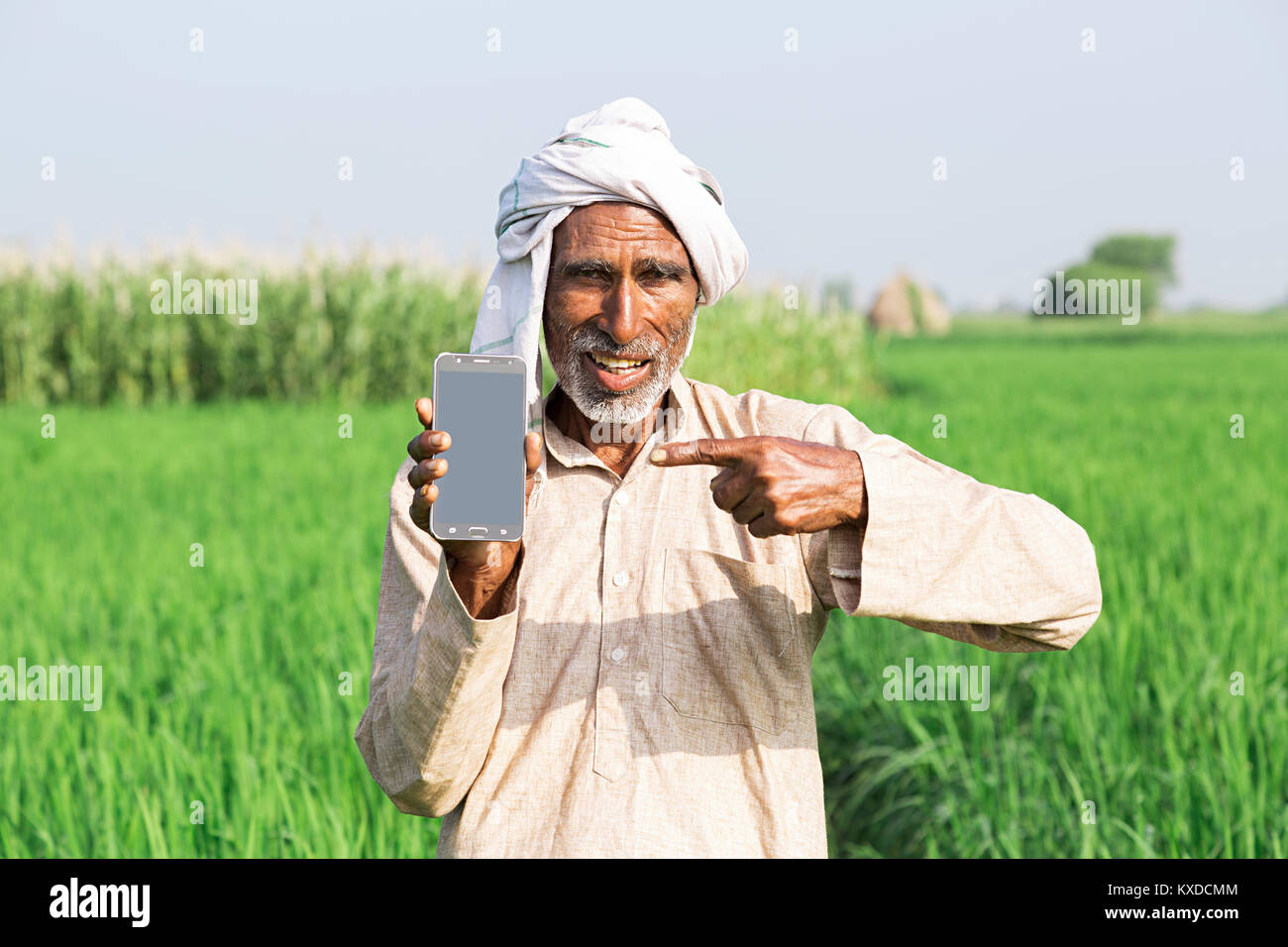 1 Indischen ländlichen Bauern alter Mann, Telefon, Feld Stockfoto