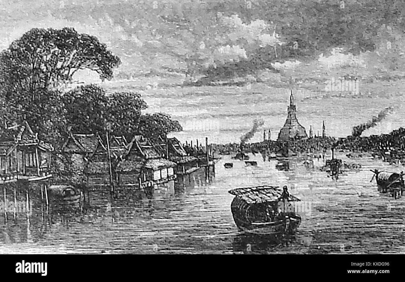 Bangkok, Thailand, Asien (Krung Thep Maha Nakhon) in den frühen 1800's - Schwimmende Häuser, Waterside Wohnungen und eine Pagode oder Wat, von der Wasserstraße in den Chao Phraya River Delta gesehen. Stockfoto