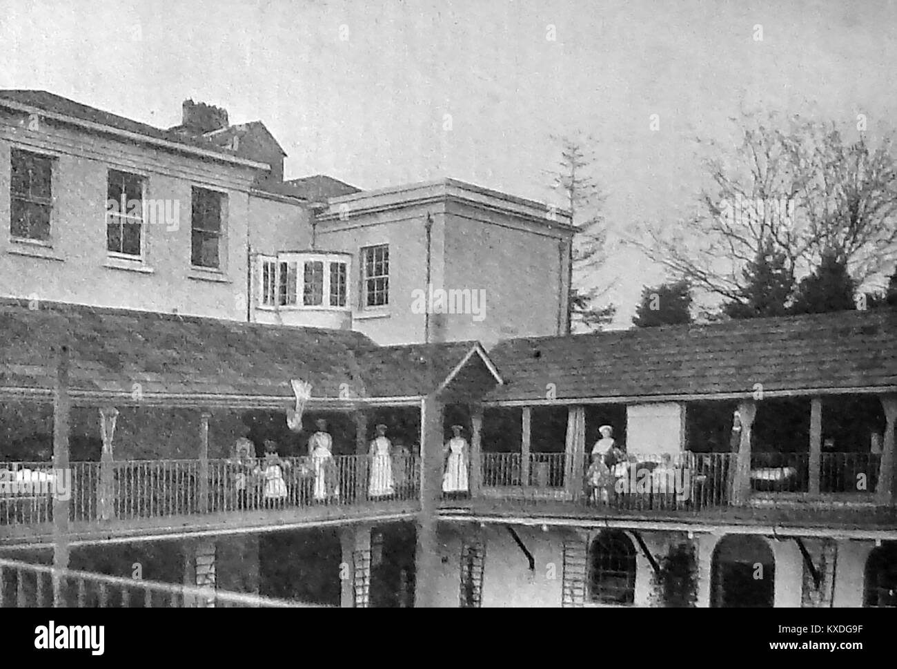 Circa 1920. Yardley Grün Sanatorium, Birmingham, England, Krankenschwestern, Mitarbeiter und Patienten Stockfoto