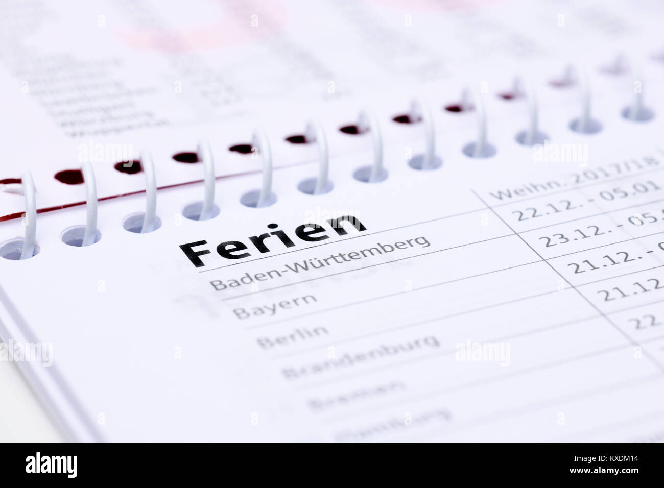 Deutsche Termin Kalender, Ferien der Bundesländer, Deutschland Stockfoto