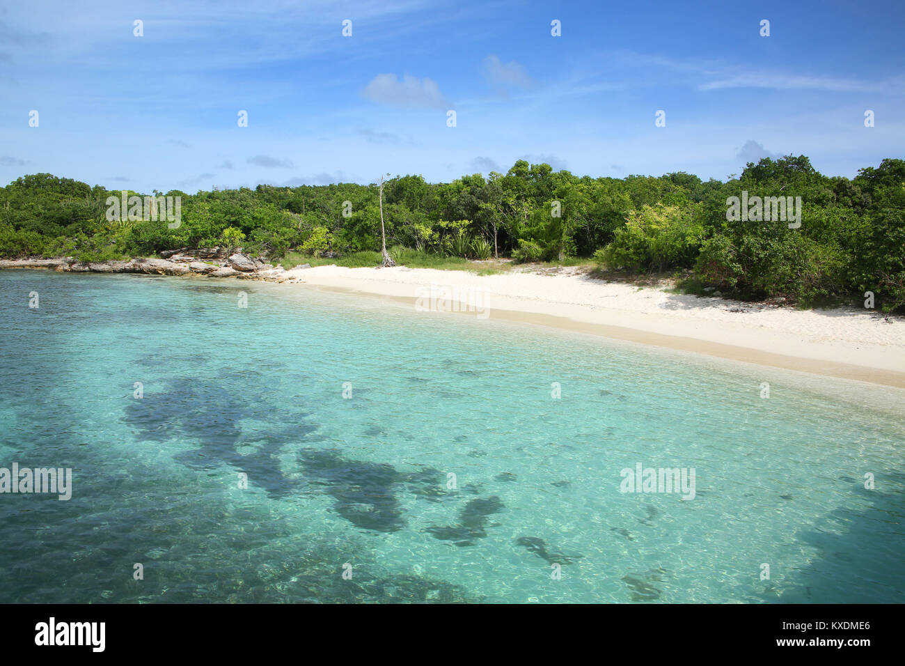 Schönen tropischen Strand mit Sicht auf das Meer und den goldenen Sand auf Green Island, Antigua, Karibik. Stockfoto