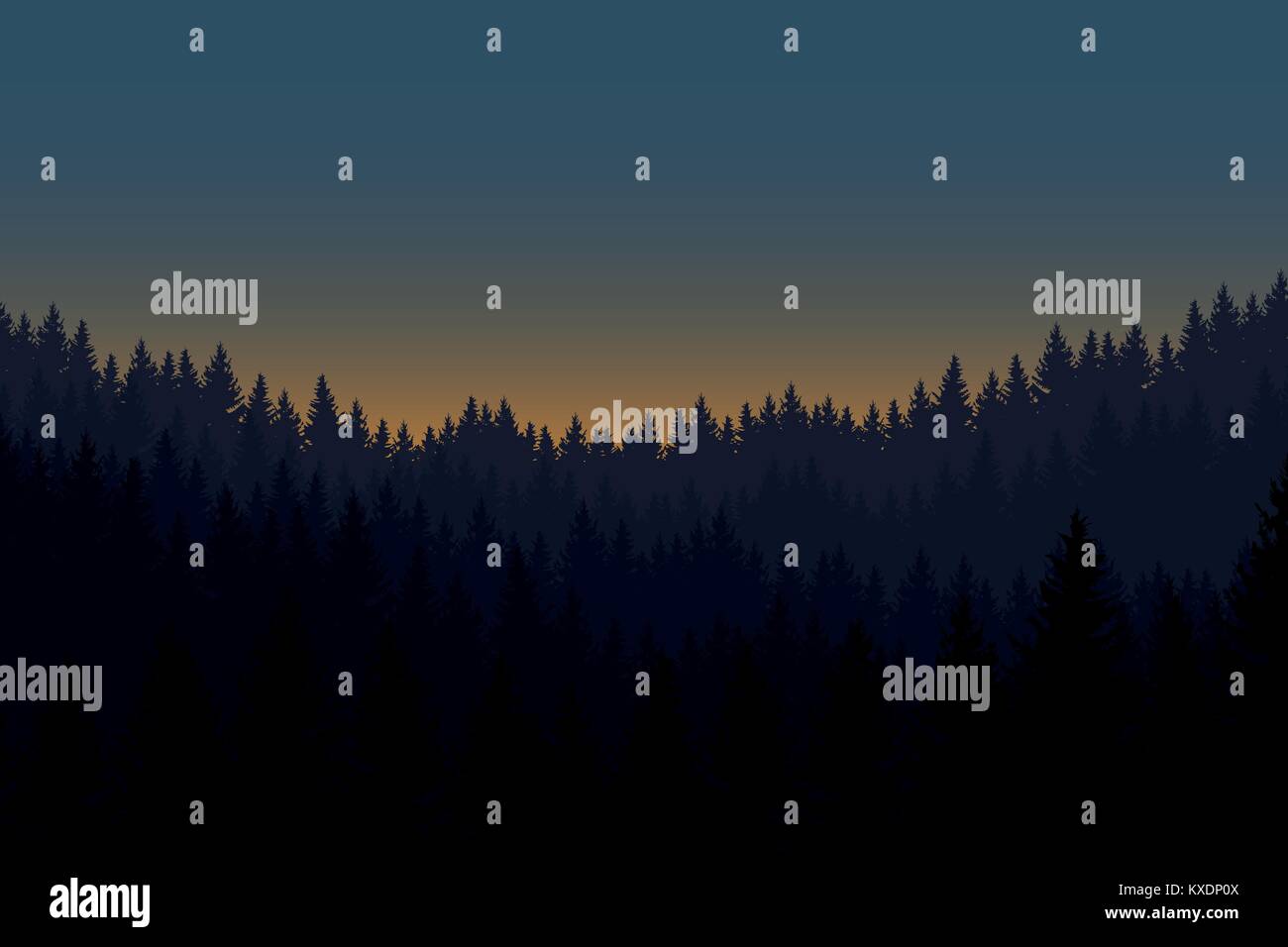 Vector Illustration einer Landschaft mit einem Wald unter den Morgenhimmel mit der aufgehenden Sonne Stock Vektor