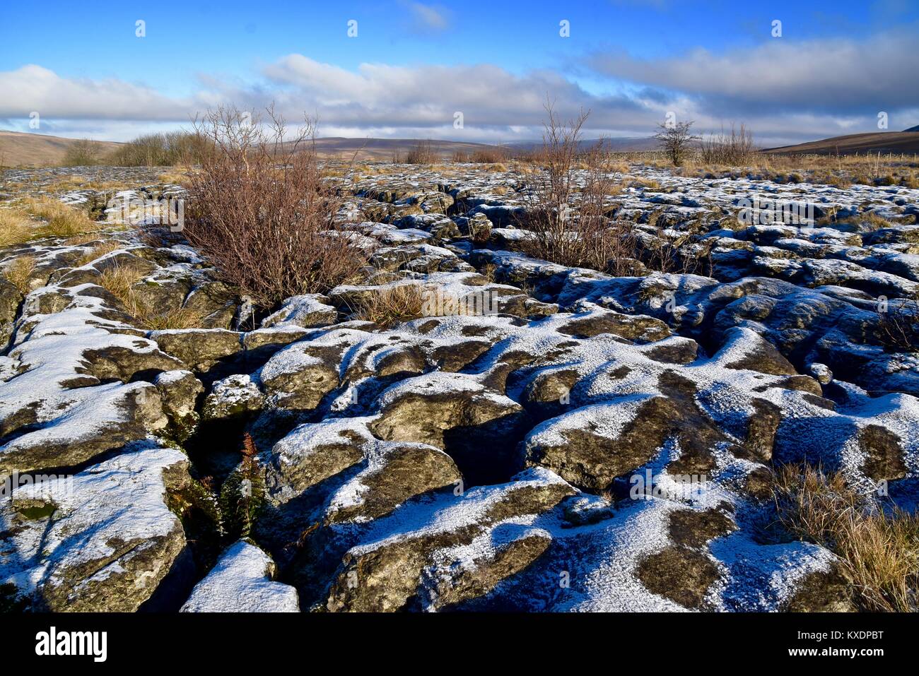 Kalkstein Pflaster im Schnee. Stockfoto