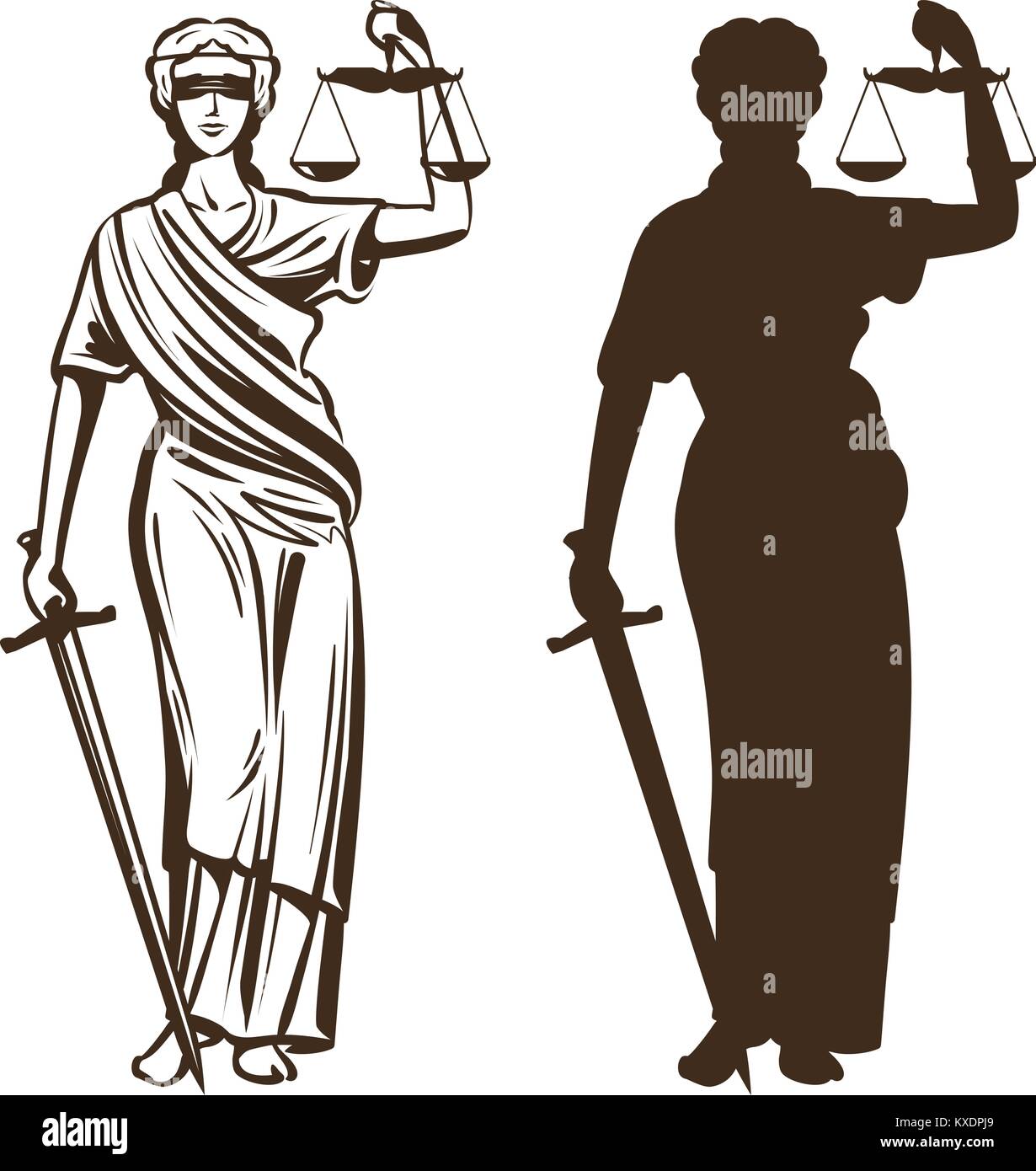 Göttin der Gerechtigkeit. Themis mit verbundenen Augen, Waage und Schwert in den Händen. Vector Illustration Stock Vektor