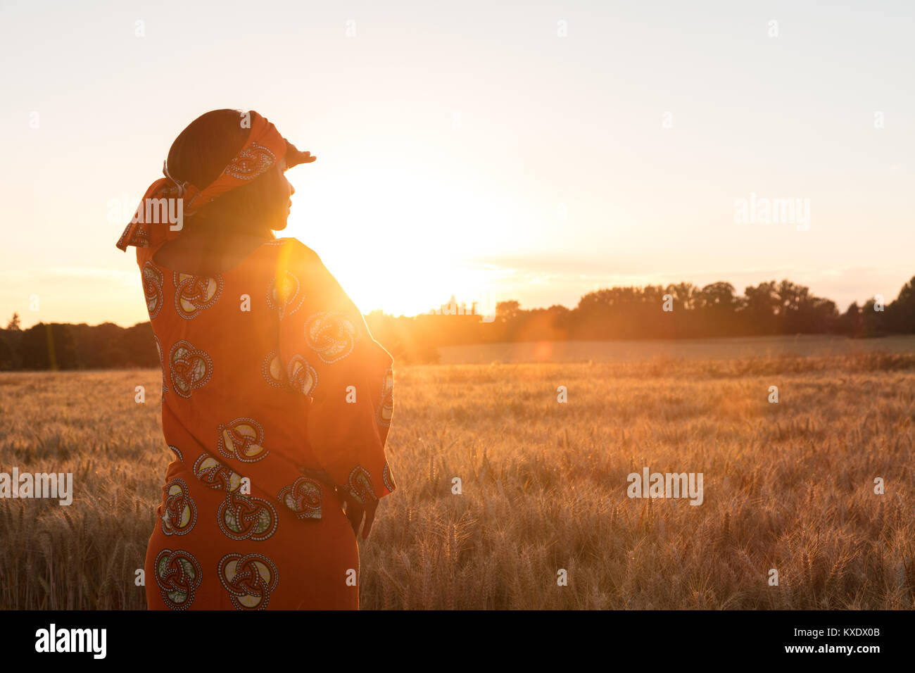 Afrikanische Frau in traditioneller Kleidung stehen, suchen, Hand, Augen, im Bereich der Gerste oder Weizen bei Sonnenuntergang oder Sunrise Stockfoto