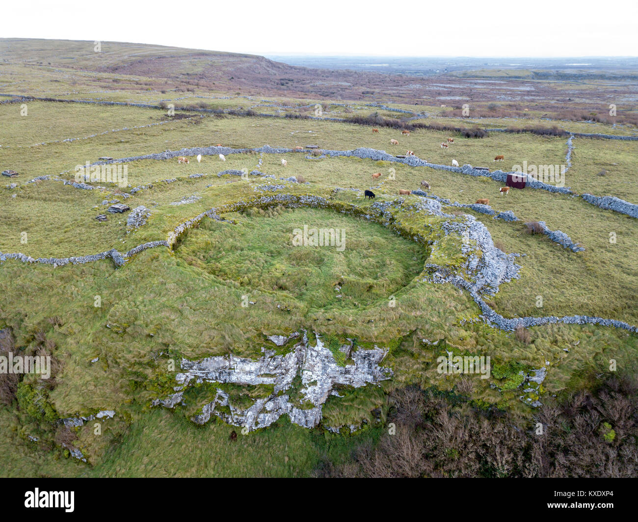 Cahercommaun oder Cathair Chomain, ein dreifacher Steinringfort aus dem 9.. Jahrhundert am südöstlichen Rand des Burren, Irland Stockfoto