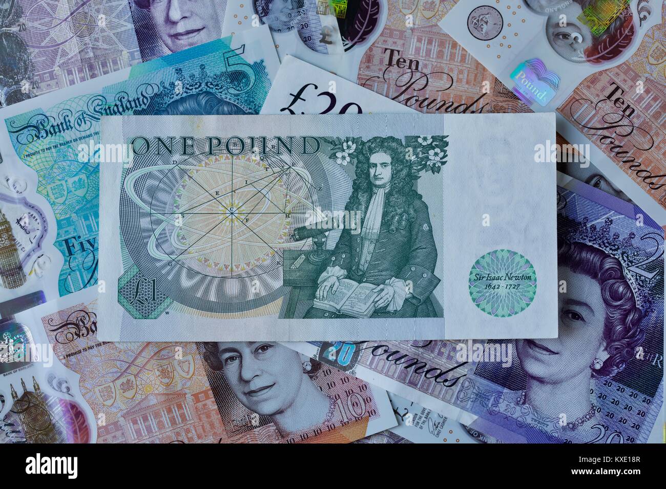 Britische £ 1 Pfund Banknote mit dem neuen Polymer Banknoten im Hintergrund Stockfoto