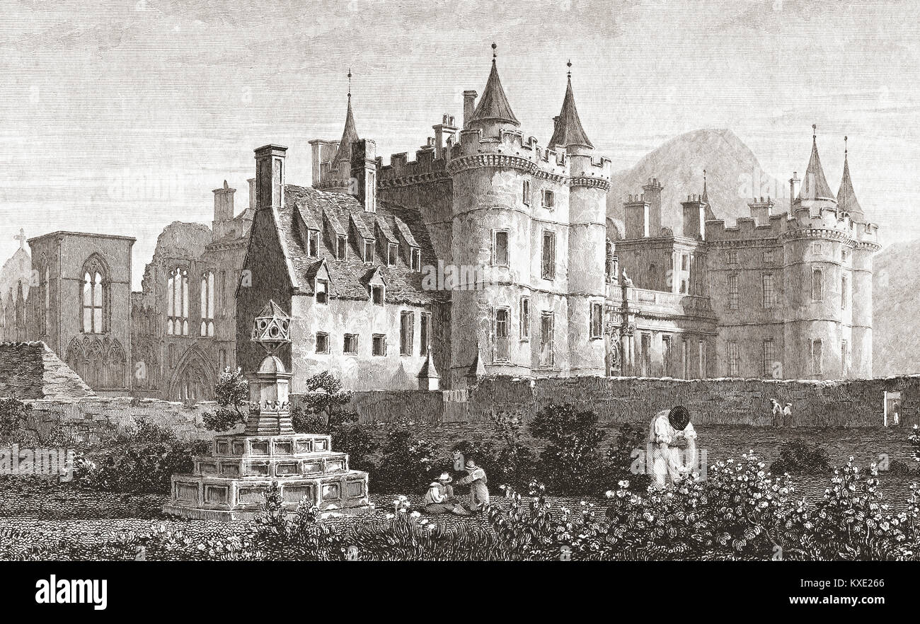 Holyrood Palace, Edinburgh, Schottland. Auch als Holyrood House oder den Palast von Holyroodhouse bekannt. Es ist die offizielle Residenz des britischen Monarchen in Schottland. Nach einem 19. Jahrhundert drucken. Stockfoto