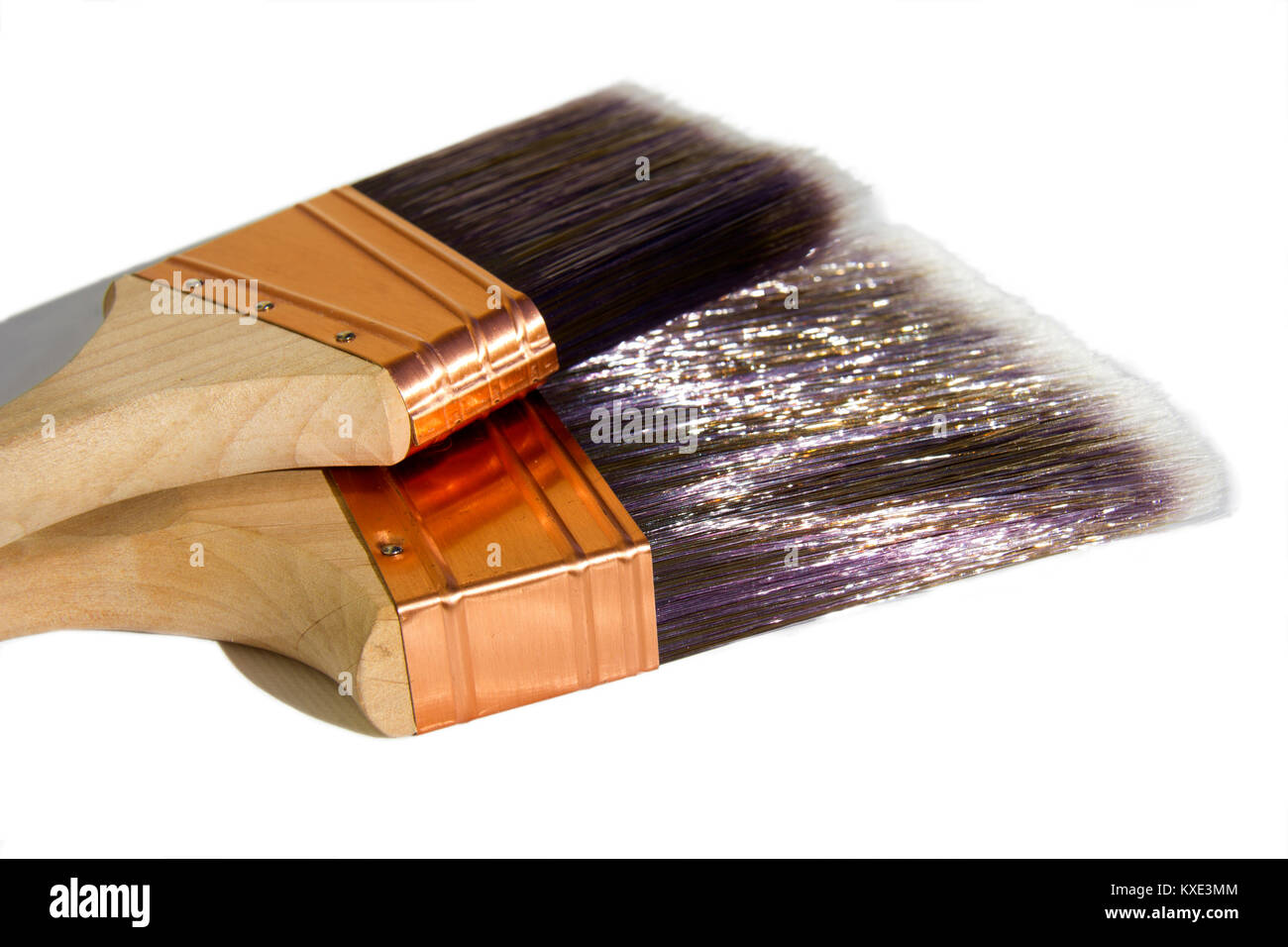 Große synthetische Hochwertige Pinsel sitzen auf einer Farbdose isoliert mit einem weißen Hintergrund. Stockfoto