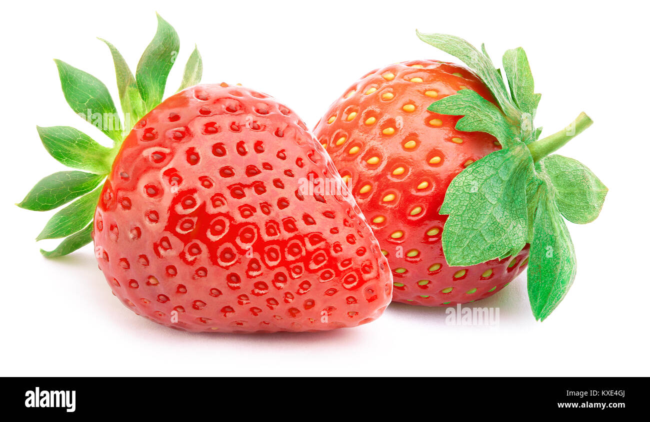 Zwei Erdbeeren mit Blättern isoliert Stockfoto