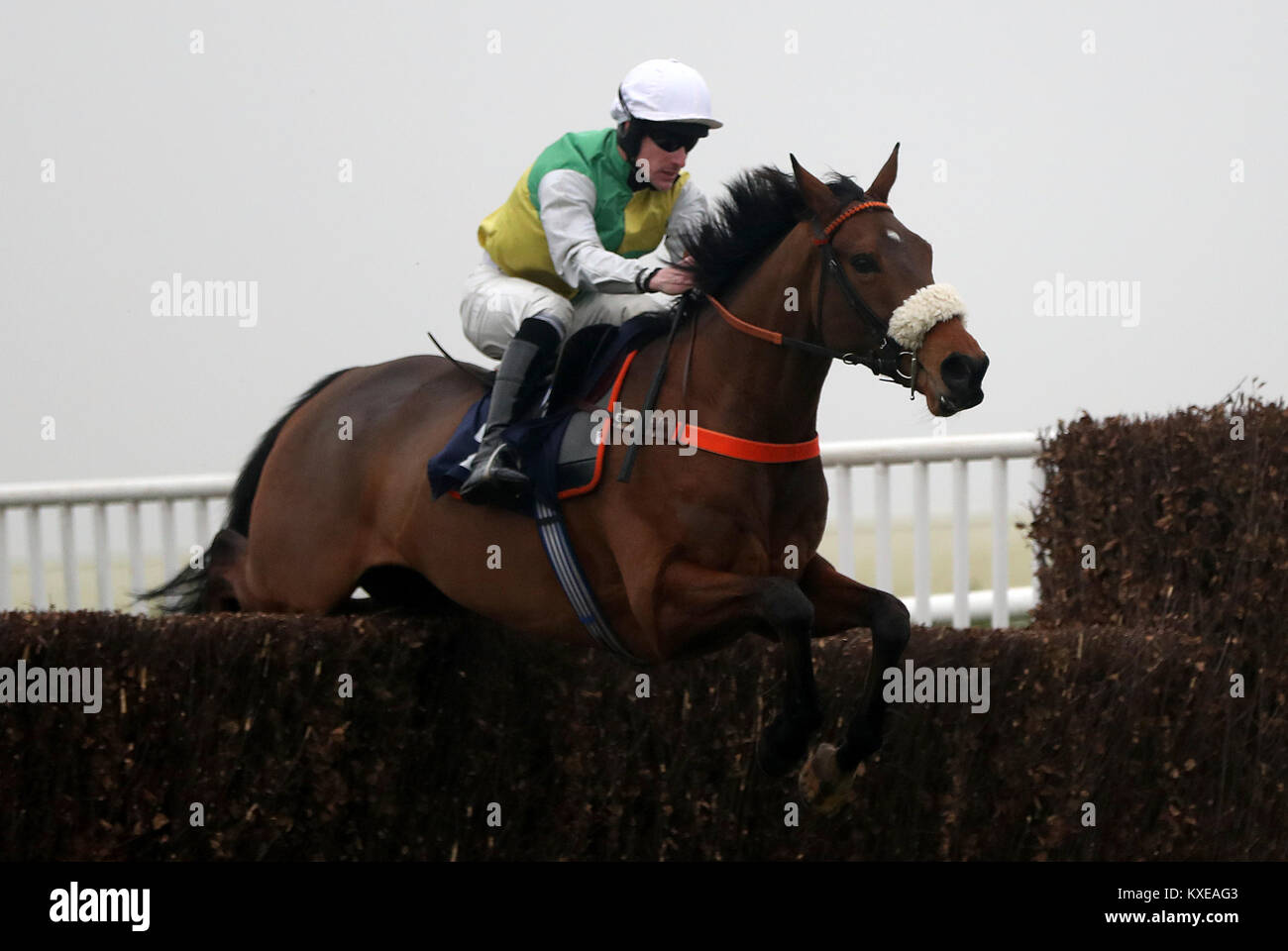 Mount Mews geritten von Brian Hughes Springen der letzten Sky Bet Racing Cash Out Novizen' Steeple Chase in Doncaster Racecourse zu gewinnen. Stockfoto