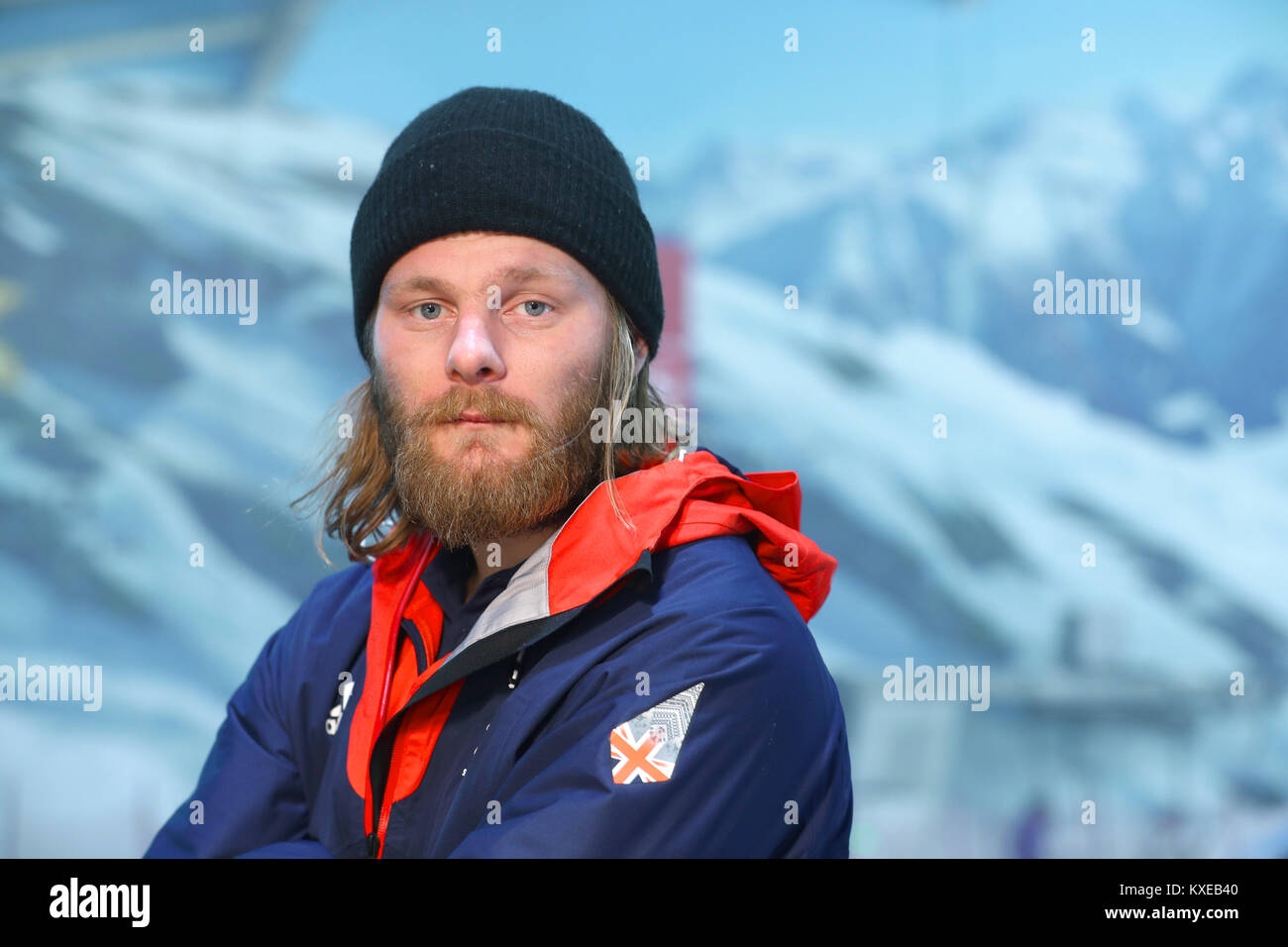 ParalympicsGB snowboarder Owen während des ParalympicsGB 2018 Winter Olympics Alpin und Snowboard Team Ansage auswählen, an der das snowcenter, Hemel Hempstead. Stockfoto