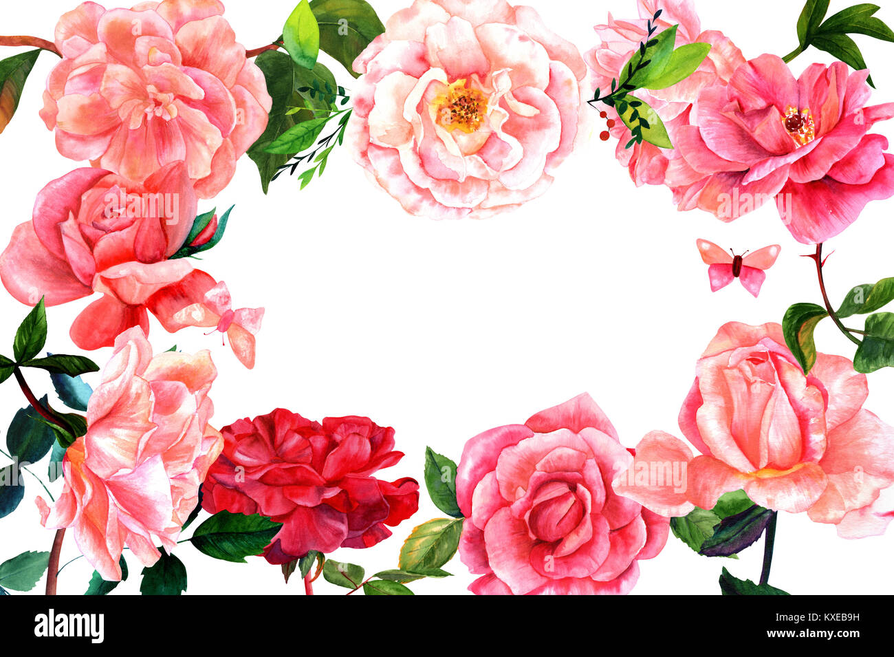 Blumen Rahmen mit Hand gezeichnet Aquarell Blumen wie Rosen, Pfingstrosen, Kamelien, mit Schmetterlingen und Blätter. Vintage Style botanische kunst, isolieren Stockfoto