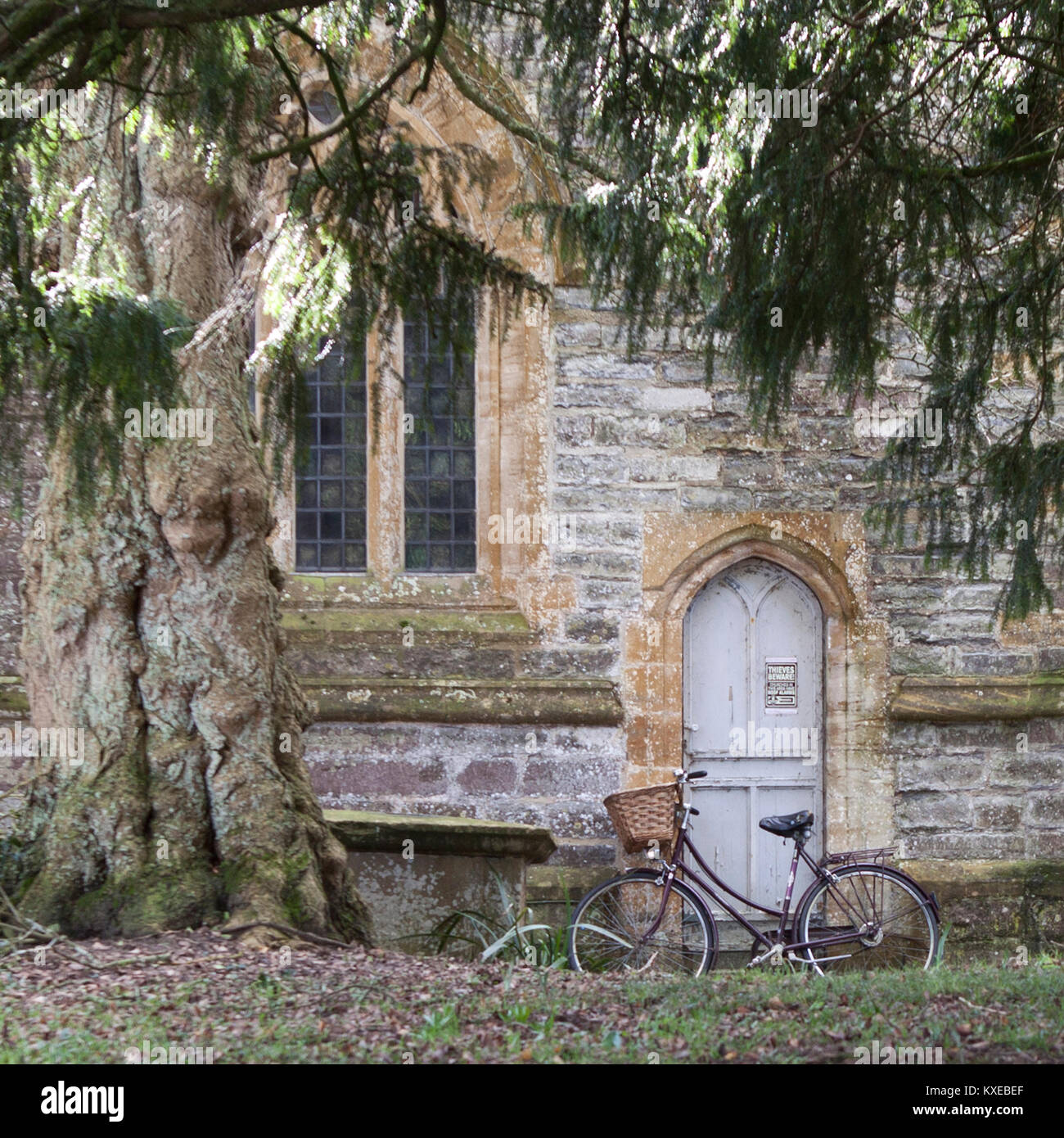 Altes Fahrrad mit Korb gegen alte Kirche Tür gelehnt Neben Baum im verschlafenen englischen Dorf. Stockfoto