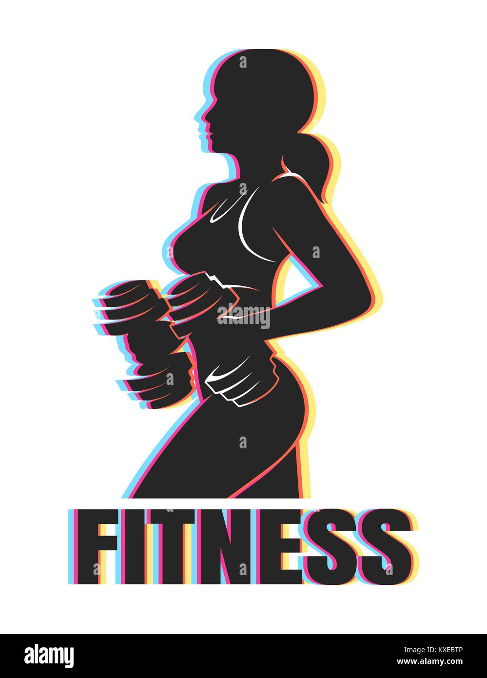 Fitness-Emblem. Silhouette der athletische Frau Holding Gewicht Silhouette mit bunten Schatten. Vector Illustration. Stock Vektor