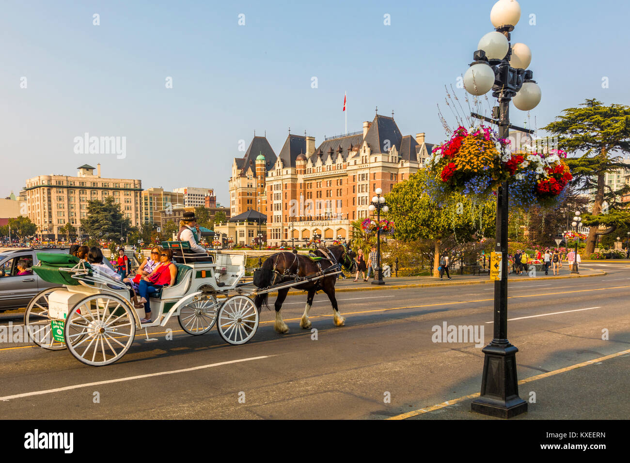 Pferdekutsche in Victoria, der auch als Garden City auf Vancouver Island in British Columbia, Kanada bekannt Stockfoto