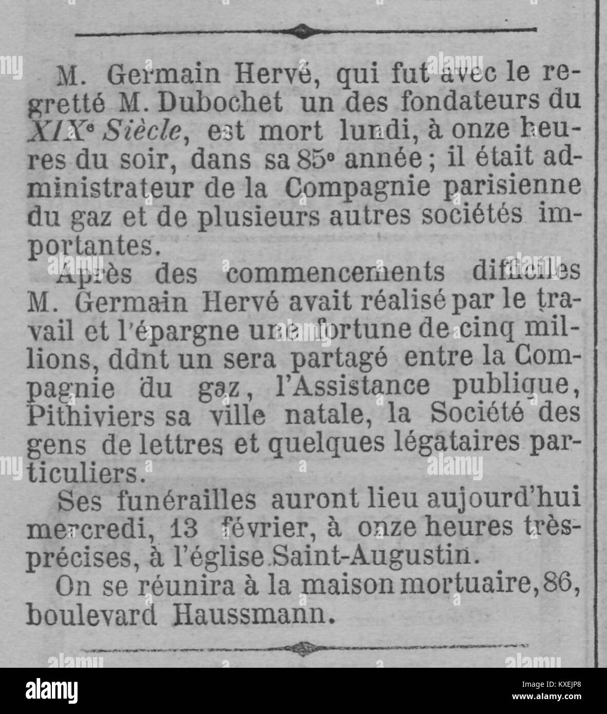 Eine gedruckte Seite aus der französischen Zeitschrift Le XIXe Siècle aus dem 19. Jahrhundert vom 14. Februar 1878 mit Werken von Germain Hervé, die den politischen und kulturellen Diskurs der Zeit widerspiegeln. Stockfoto