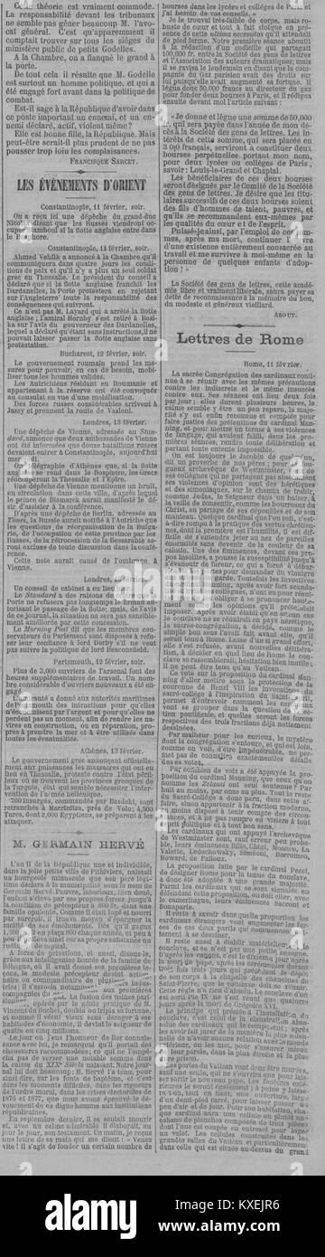 Titelseite der französischen Zeitung Le XIXe siècle vom 15. Februar 1878 mit Schriften von Germain Hervé. Das Thema spiegelt politische, soziale und kulturelle Diskussionen im Frankreich des späten 19. Jahrhunderts wider. Stockfoto