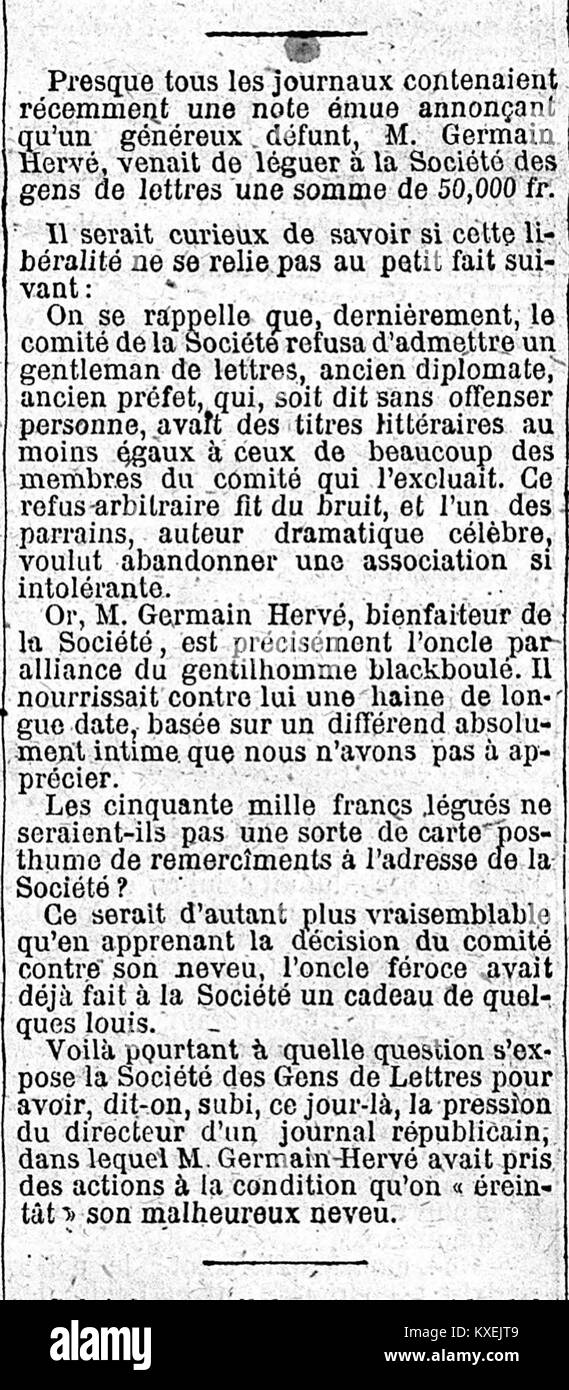 Eine Seite aus Le Figaro vom 20. Februar 1878, die einen artikel von Germain Herv enthält, der historische Ereignisse und kulturelle Themen im Frankreich des späten 19. Jahrhunderts dokumentiert. Stockfoto