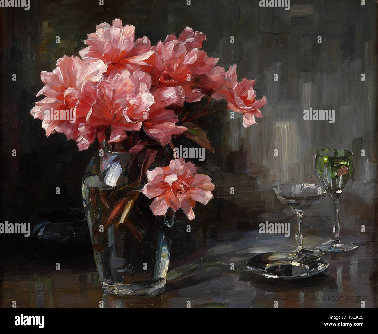 Das Gemälde „Pionienstilleben“ von Alexander Koester ist ein Stilleben-Kunstwerk, das Blumen und Objekte mit detailliertem Realismus darstellt und die raffinierte Technik und den naturalistischen Stil des Künstlers veranschaulicht. Stockfoto