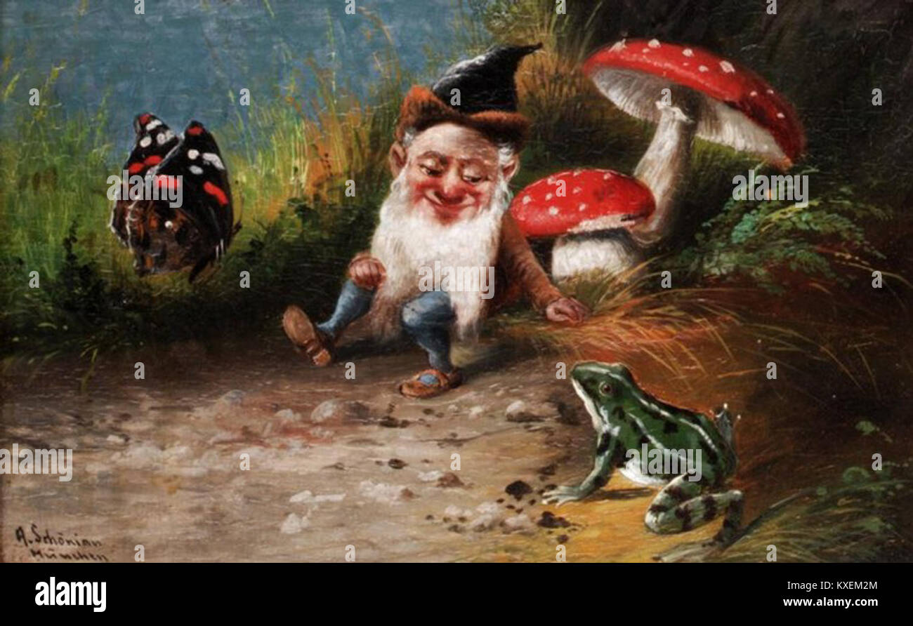 Alfred Schönians Kunstwerk „Gnome und Frosch“ zeigt eine skurrile Szene, in der die Interaktion zwischen einem Gnom und einem Frosch festgehalten wird. Es repräsentiert den einzigartigen Ansatz des Künstlers zu Fantasy-Themen und von der Natur inspirierter Kunst. Stockfoto