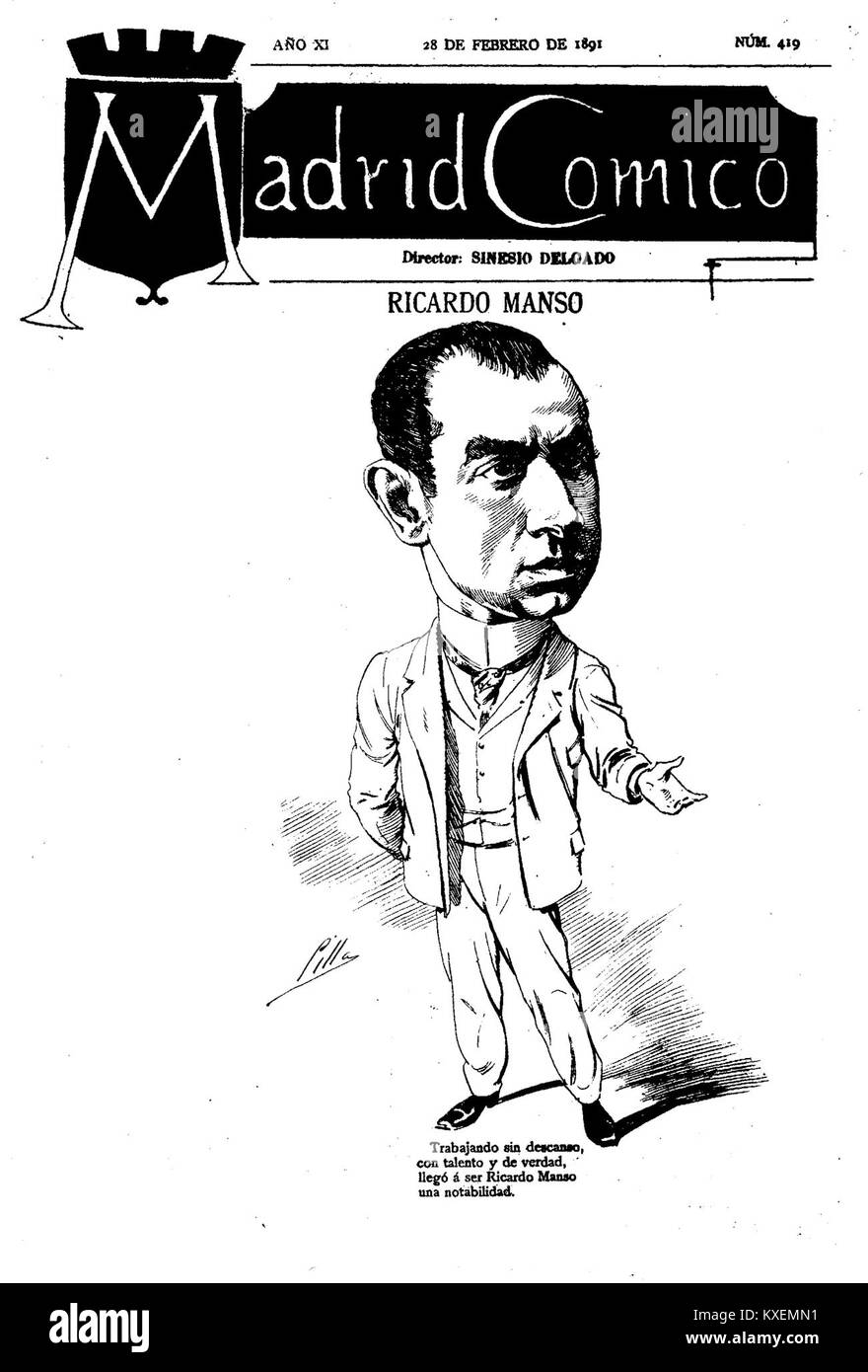 Ein Archiveintrag vom 28. Februar 1891 in Madrid dokumentiert ein kulturelles Ereignis mit Ricardo Manso und Cilla, das eine öffentliche Aufführung des späten 19. Jahrhunderts in der spanischen Hauptstadt dokumentiert. Stockfoto