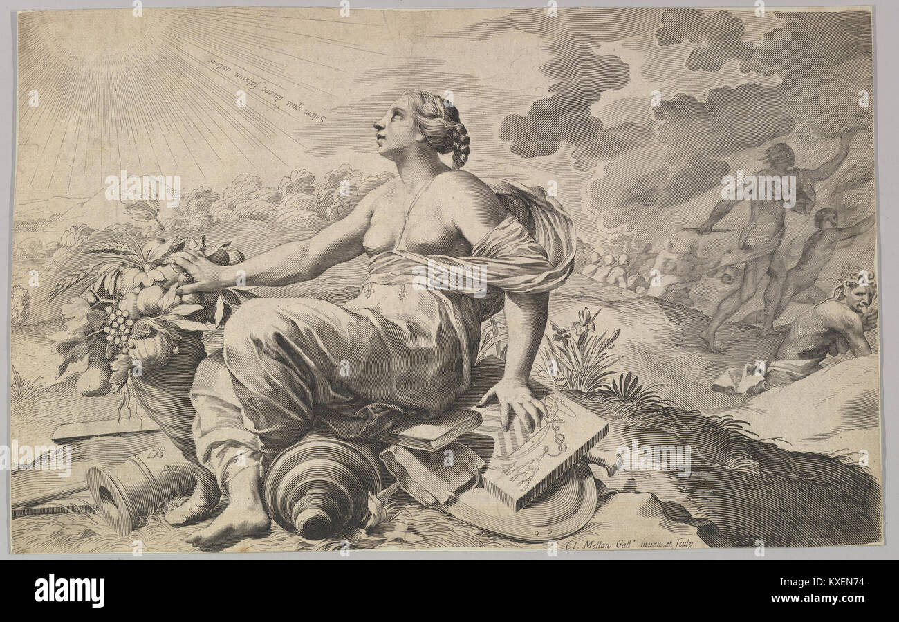 Allegory of France with the Wappen of Richelieu ist ein französisches Gemälde aus dem 17. Jahrhundert, das Frieden und nationale Einheit symbolisiert und weibliche allegorische Figuren und Wappen von Kardinal Richelieu zeigt. Stockfoto