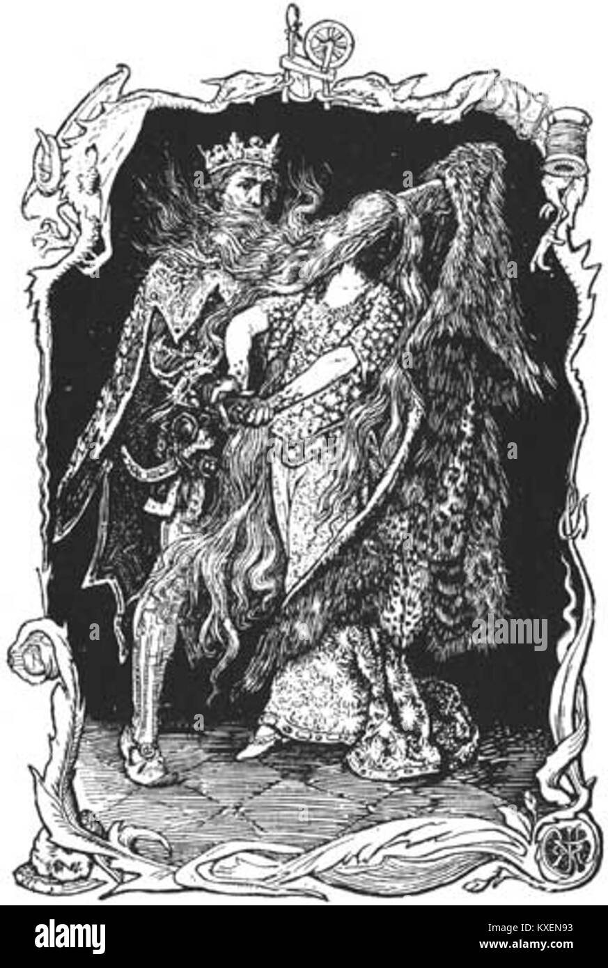 Illustration Nummer 02 aus der 1892 erschienenen Ausgabe des Märchens „Allerleirauh“ von Henry Justice Ford, in dem die Prinzessin in einem Pelzmantel verkleidet durch den Wald flüchtet, im typischen spätviktorianischen Illustrationsstil dargestellt wird. Stockfoto