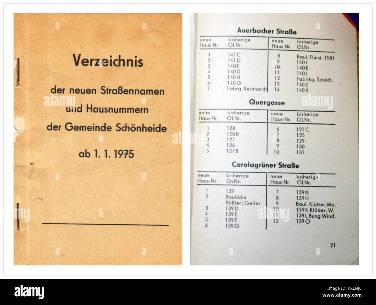 Eine Gemeindeerklärung aus Schönheide vom Januar 1975 gab bekannt, dass die Almaberg-Straße in Quergasse umbenannt werden soll, wobei im Rahmen der städtebaulichen Anpassungen neue Hausnummern zugewiesen werden. Stockfoto
