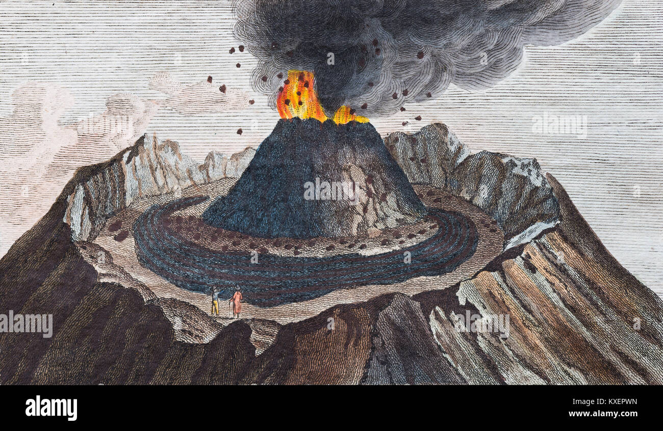 Aktive Vulkan Vesuv, handcolorierte Kupferstich von Friedrich Justin Bertuch Bilderbuch für Kinder, Weimar Stockfoto