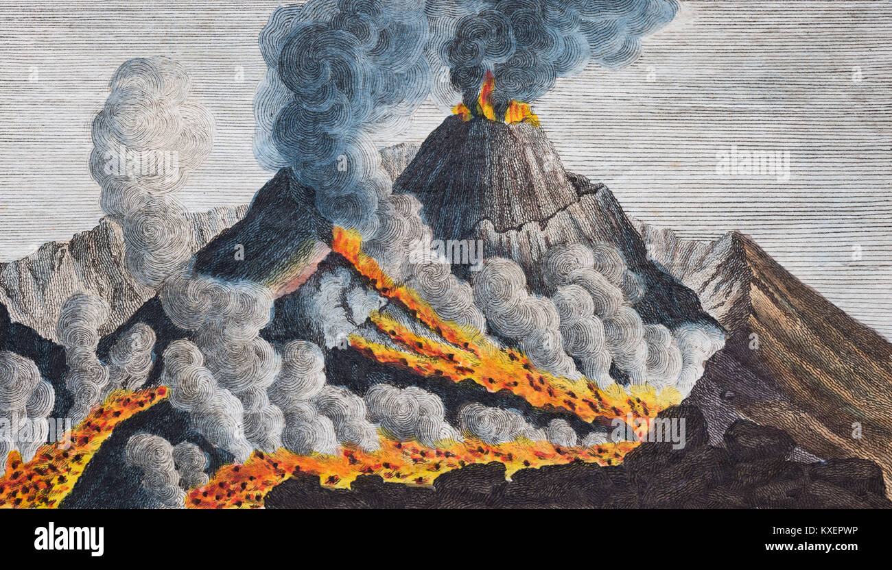 Aktive Vulkan Vesuv, handcolorierte Kupferstich von Friedrich Justin Bertuch Bilderbuch für Kinder, Weimar Stockfoto
