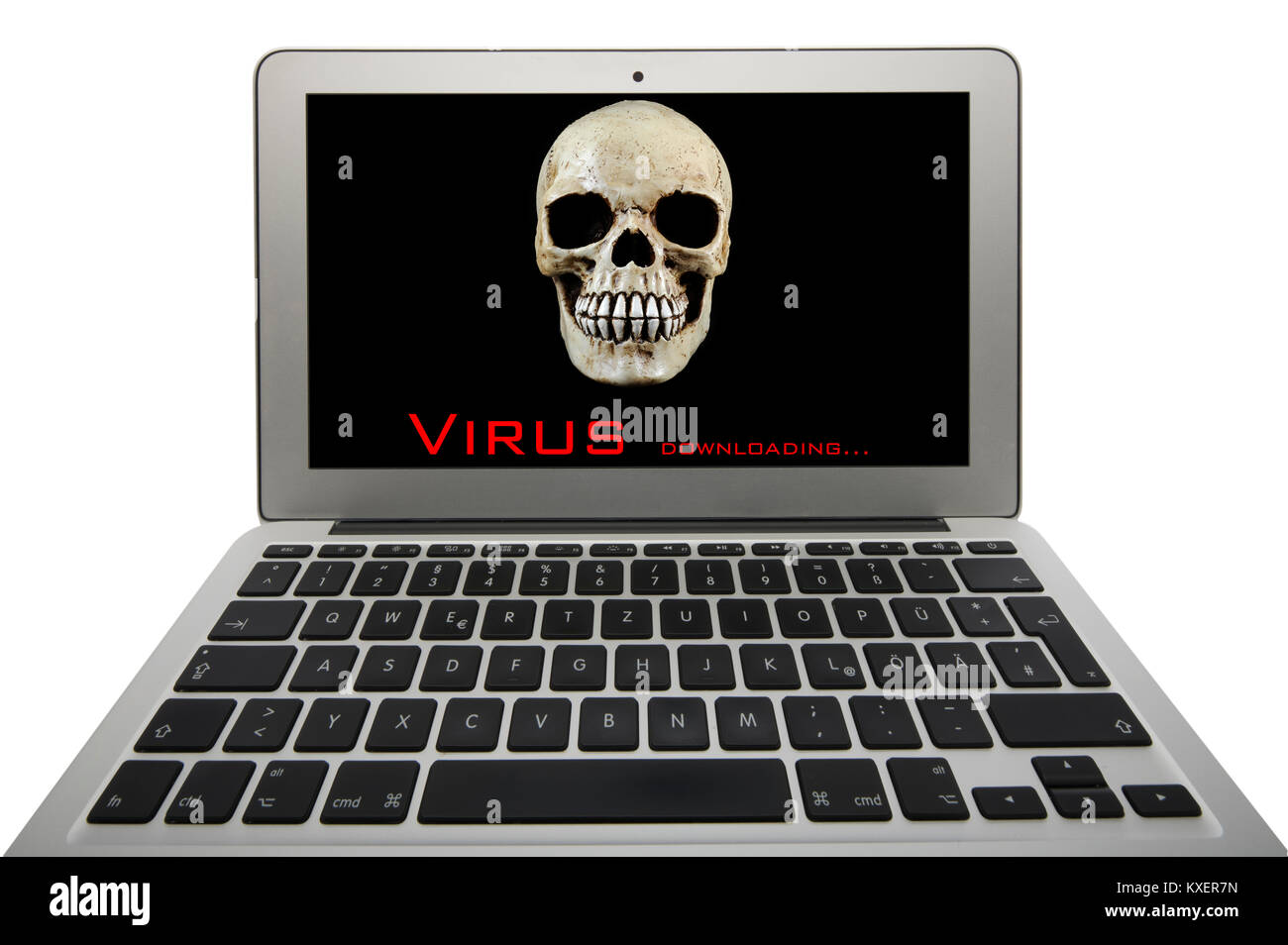 Laptop mit dem Schädel auf dem Bildschirm, das Symbol Bild von Computerviren, Cyberkriminalität Stockfoto