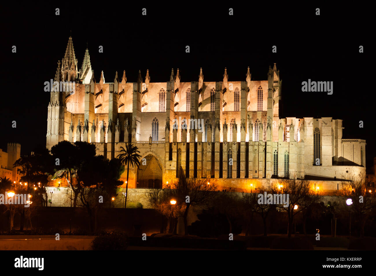 Nacht Blick auf Palma de Mallorca Kathedrale La Seu, aus dem Hafen. Palma De Mallorca, Spanien Stockfoto