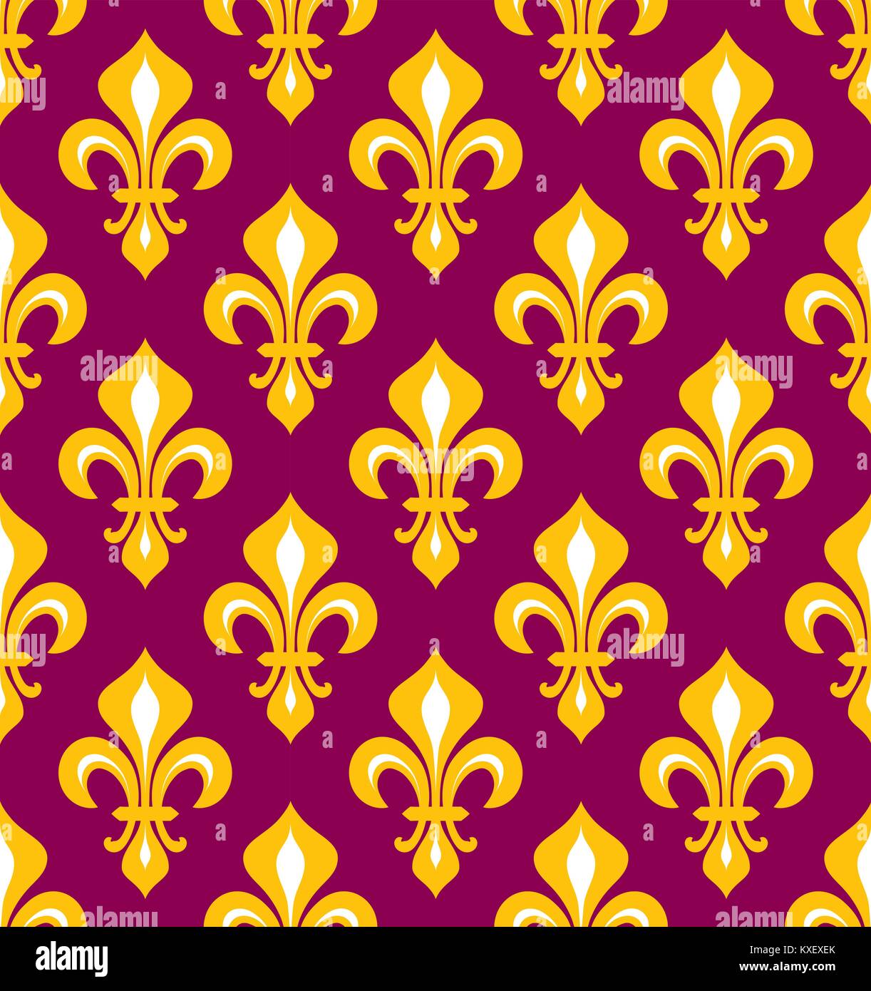 Royal heraldische Lilien (Fleur-de-lis) - Purpur und Gold und nahtlose Muster, Hintergrund. Stock Vektor