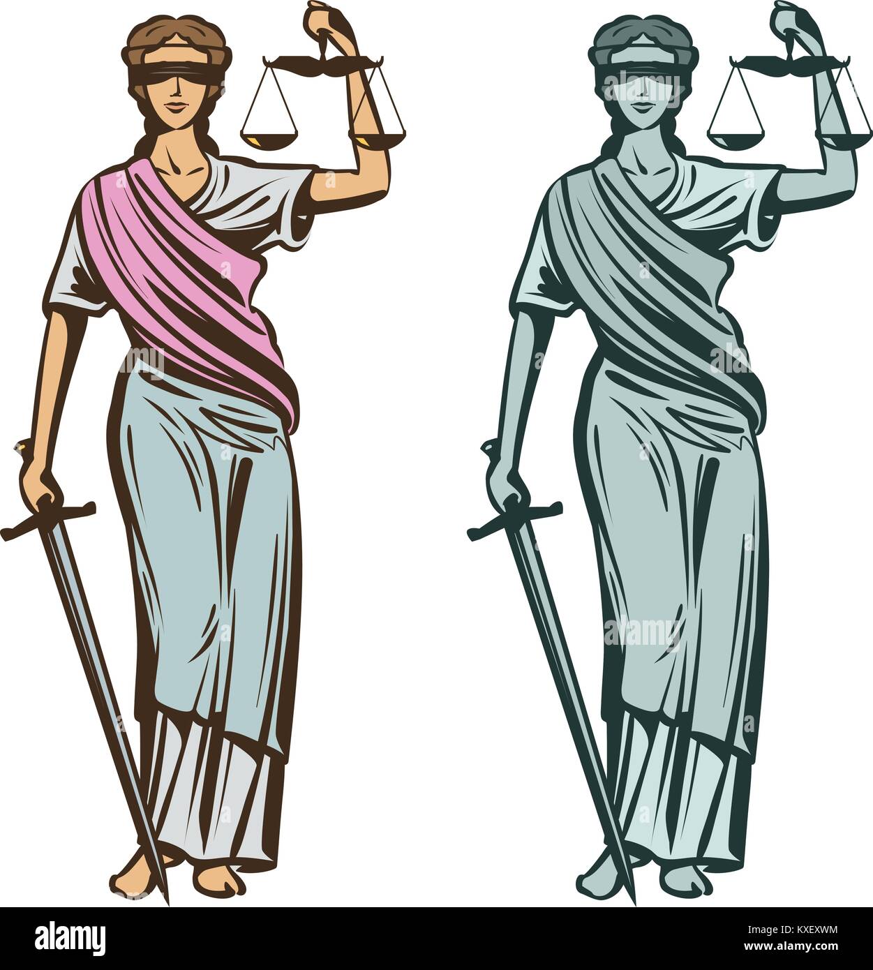 Justiz Symbol. Lady Gerechtigkeit mit verbundenen Augen, Waage und Schwert in den Händen. Vector Illustration Stock Vektor