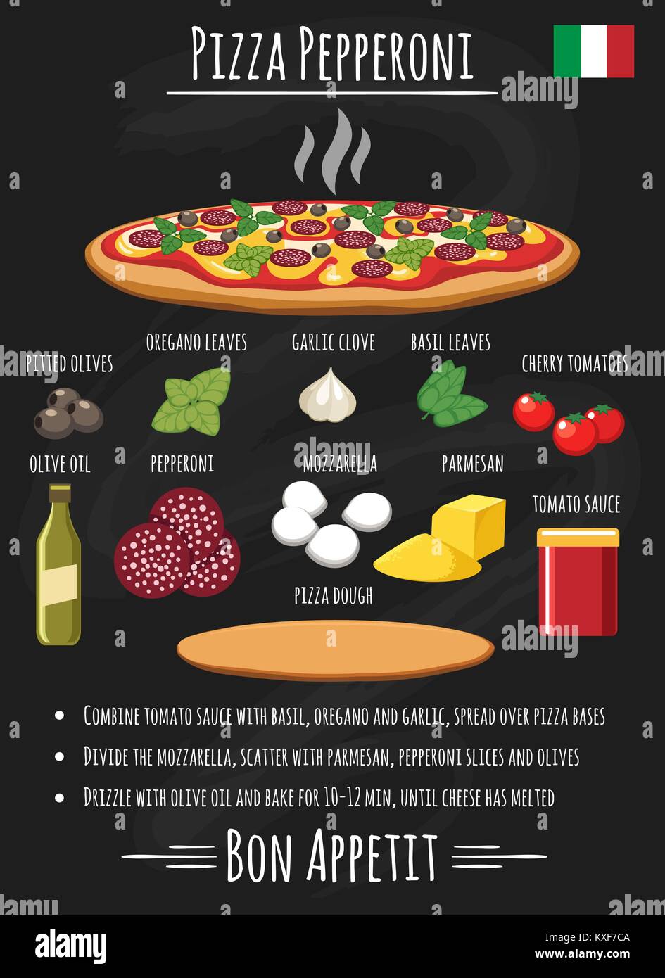 Pepperoni Pizza Rezept. Gesunde italienische Salami pizza Toppings für zu Hause Chef Menü Chalk board Vector Illustration Stock Vektor