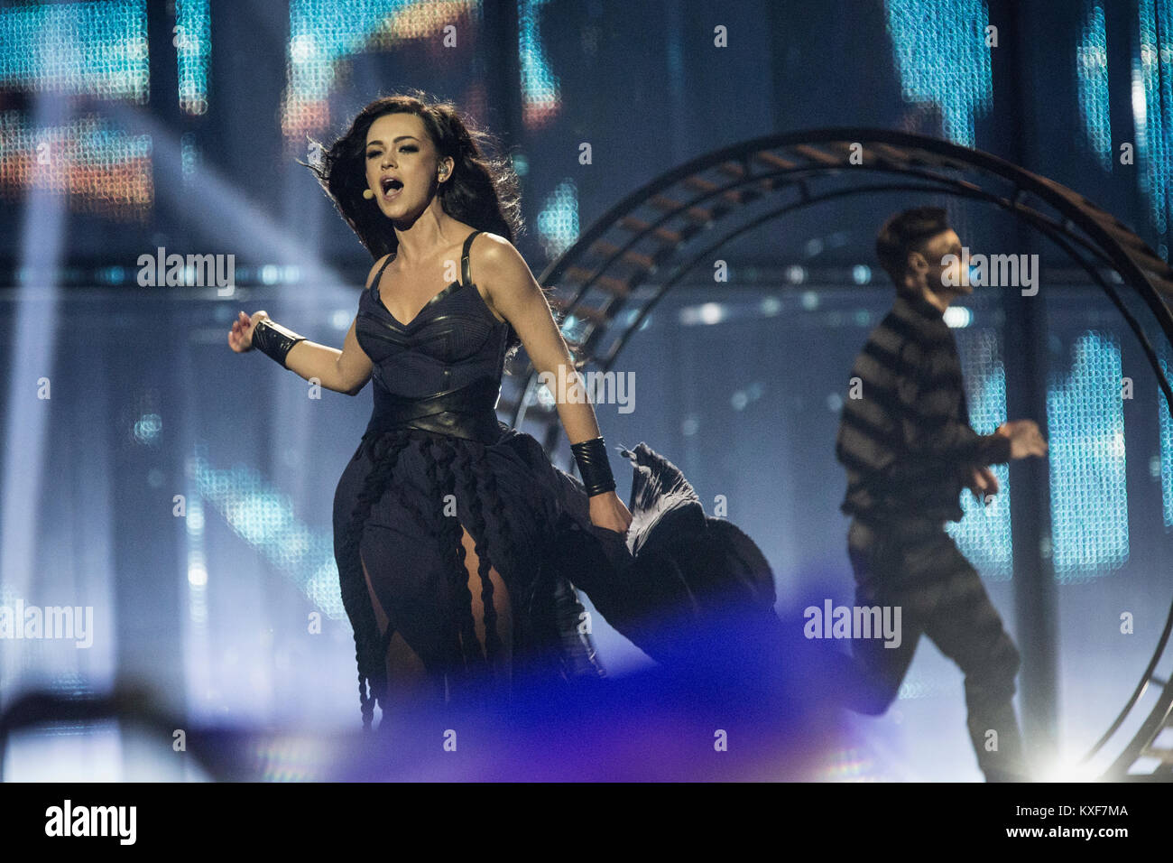 Die ukrainische Sängerin Mariya Yaremchuk führt Ihr Lied "Tick-Tock" beim Großen Finale des Eurovision Song Contest 2014 in Kopenhagen. Die Ukraine eine künstlerische Aufführung und endete auf Platz 6. Dänemark 10/05 2014. Stockfoto