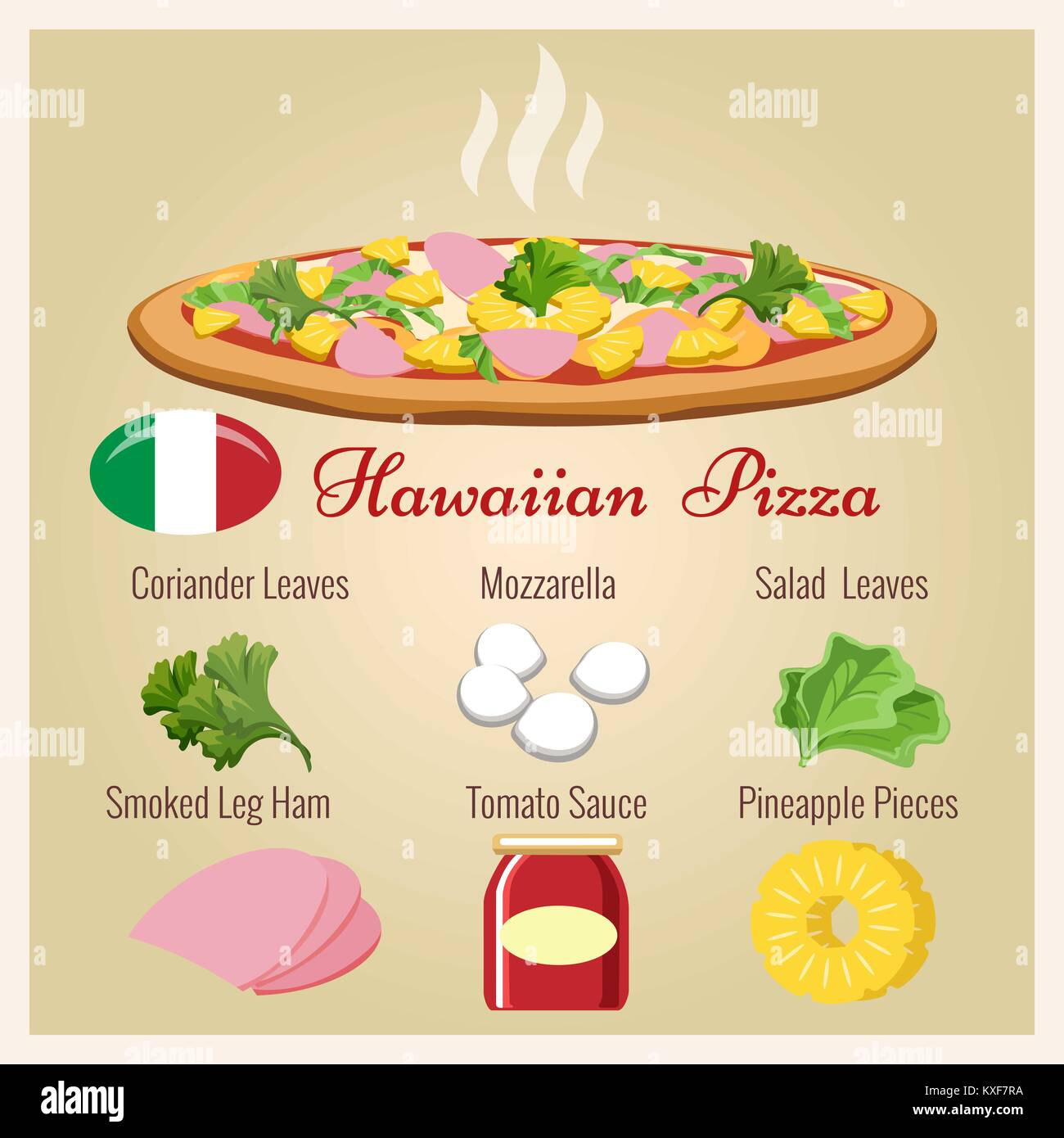 Pizza Hawaii. Italienisches Gebäck zubereitet Pizza mit Ananas und Käse, Schinken und Korianderblätter Vector Illustration Stock Vektor
