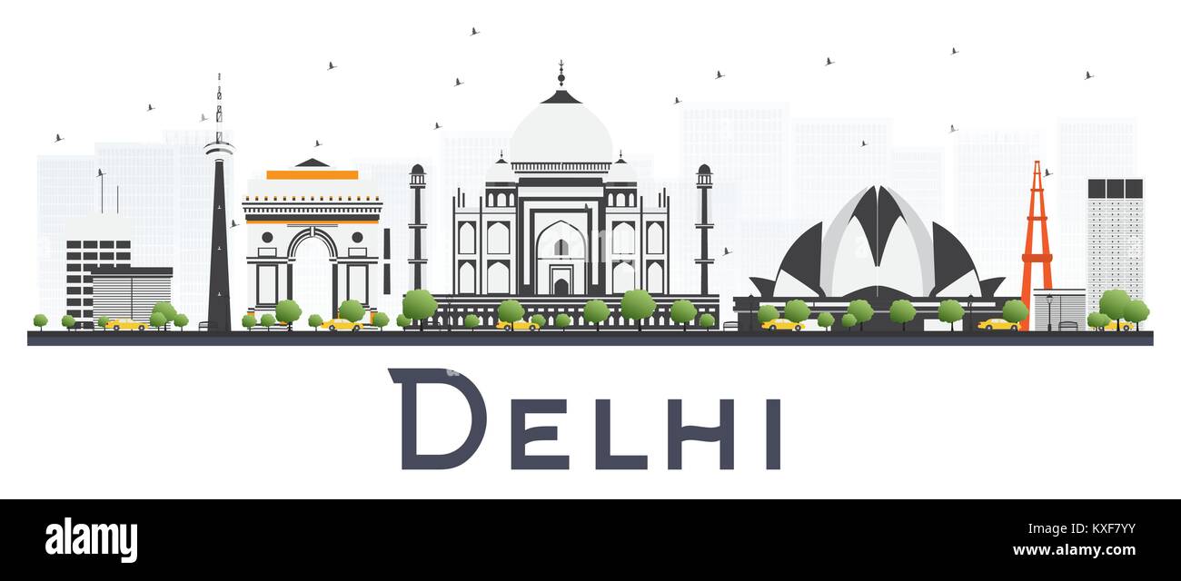 Delhi Indien Skyline der Stadt mit Farbe Gebäude isoliert auf weißem Hintergrund. Vector Illustration. Business Travel und Stock Vektor