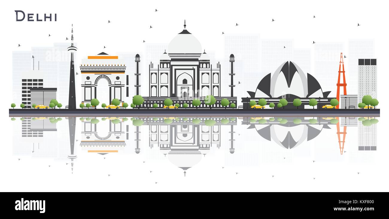 Delhi Indien Skyline der Stadt mit Gebäuden und Reflexionen isoliert auf weißem Hintergrund. Vector Illustration. Business Travel und Tourismus Stock Vektor