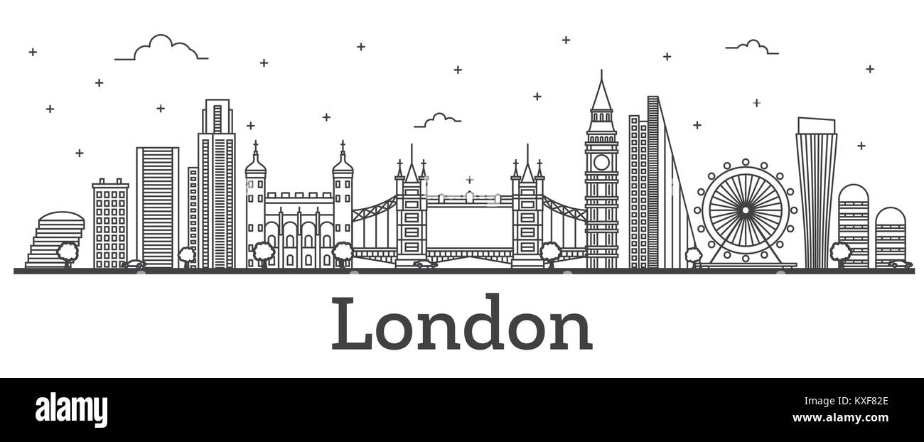 Umrisse London England Skyline der Stadt mit modernen Gebäuden isoliert auf Weiss. Vector Illustration. Londoner Stadtbild mit Sehenswürdigkeiten. Stock Vektor