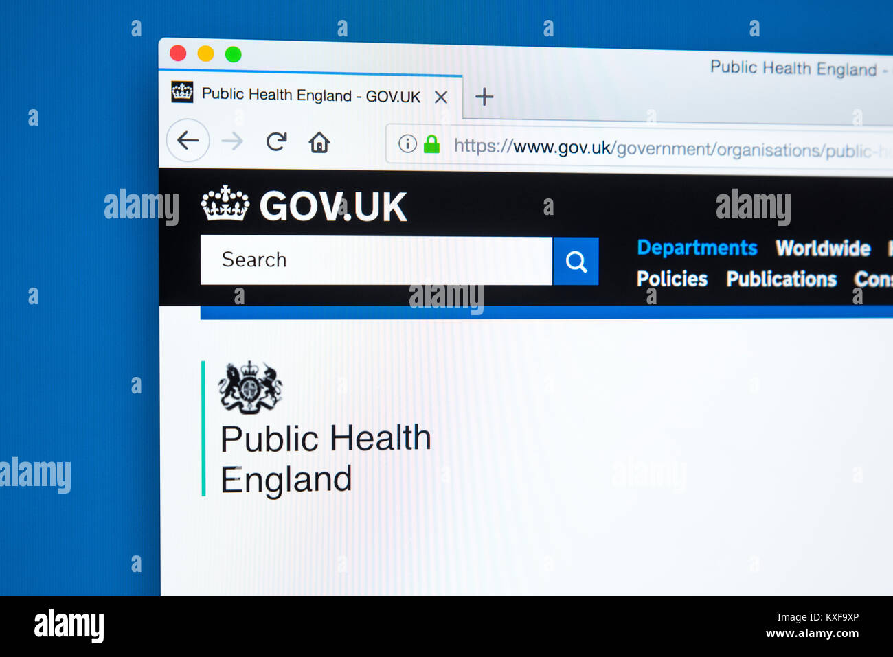 LONDON, Großbritannien - 4. JANUAR 2018: Die Homepage der offiziellen Website für öffentliche Gesundheit England - die Exekutivagentur der Abteilung Gesundheit in Th Stockfoto