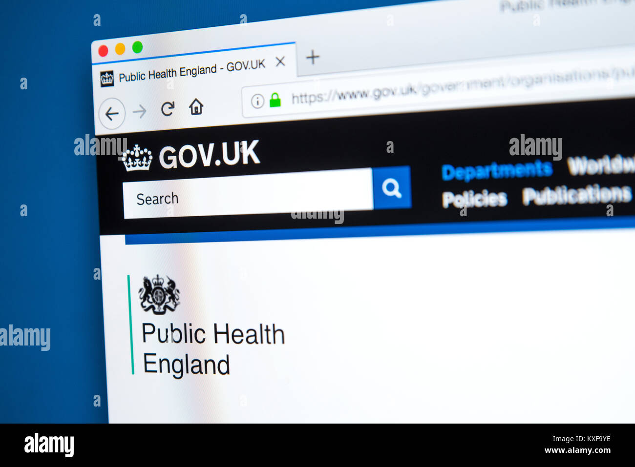 LONDON, Großbritannien - 4. JANUAR 2018: Die Homepage der offiziellen Website für öffentliche Gesundheit England - die Exekutivagentur der Abteilung Gesundheit in Th Stockfoto