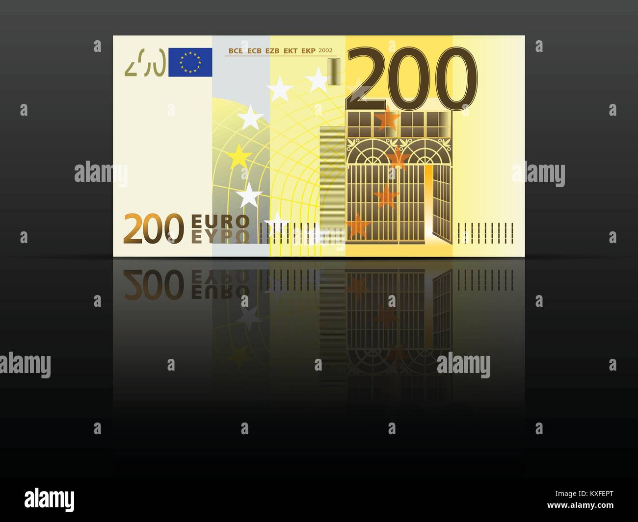 Zweihundert euro Banknote auf schwarzem Hintergrund. Stock Vektor