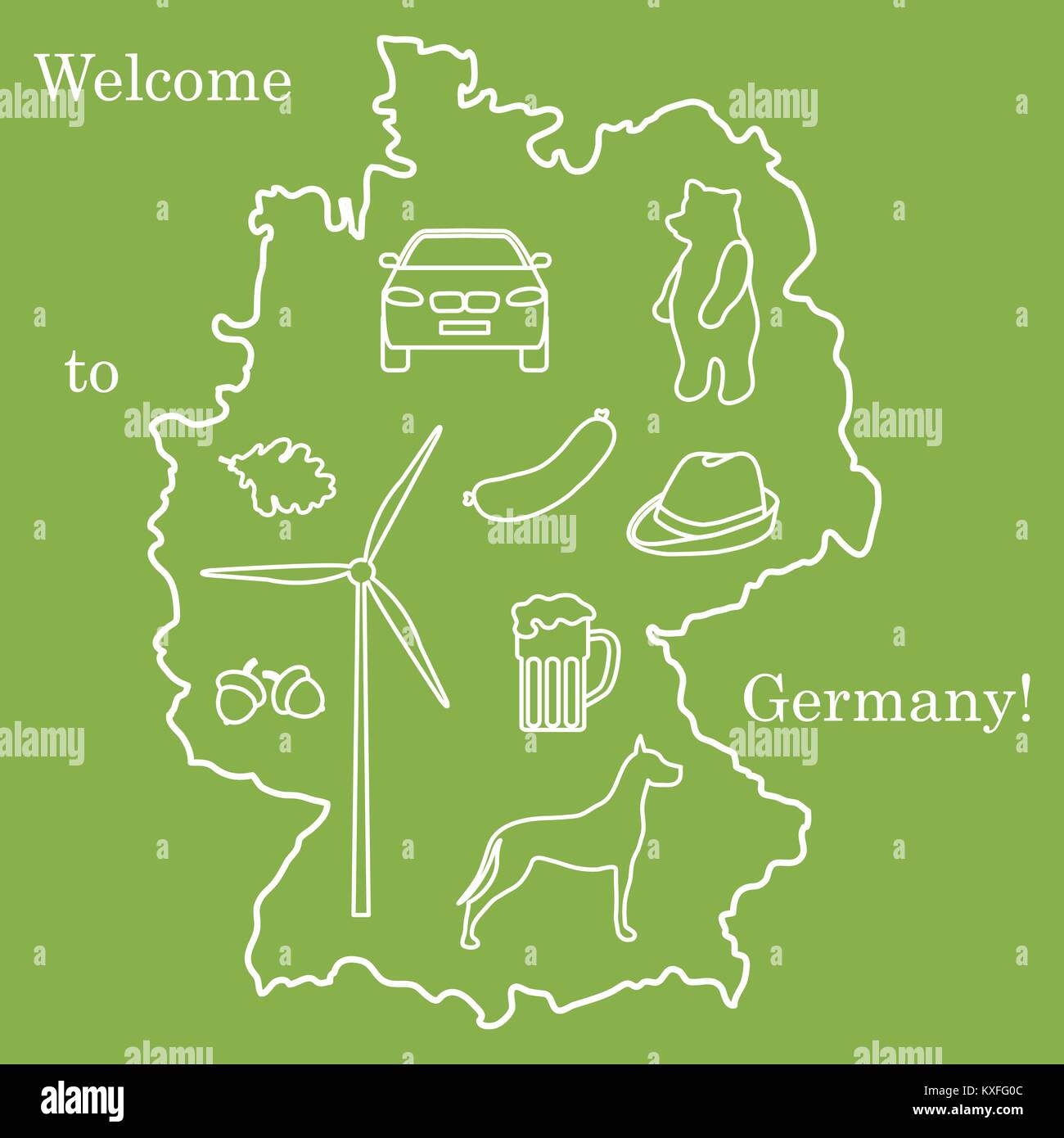 Vector Illustration mit verschiedenen Symbolen in Deutschland. Reisen und Freizeit. Design für Banner, Poster oder Drucken. Stock Vektor